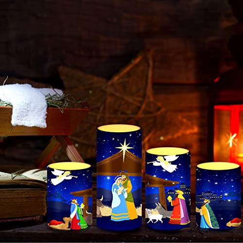 Flameless LED Nativity Scene Pillar Candles - 4-Piece Flickering Christmas Set