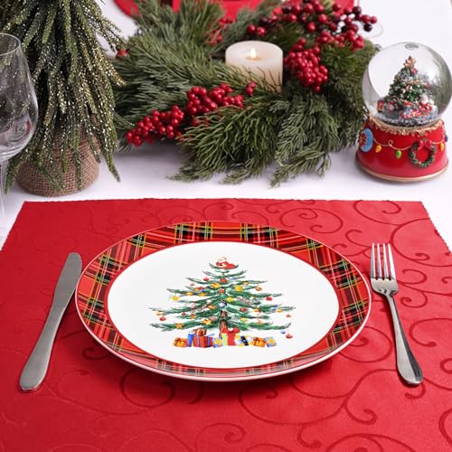 Homlouue Ceramic Christmas Tree Dinner Plates Set of 4, 10.5'' Christmas Tree & Santa Design, Red Plaid Edges