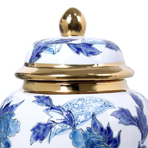 Andaliz 11-Inch Blue and White Ginger Jar Vase with Gold Trim - Decorative Porcelain