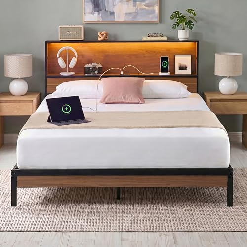 Queen Platform Bed Frame with LED Lights, Storage Headboard & USB Charging