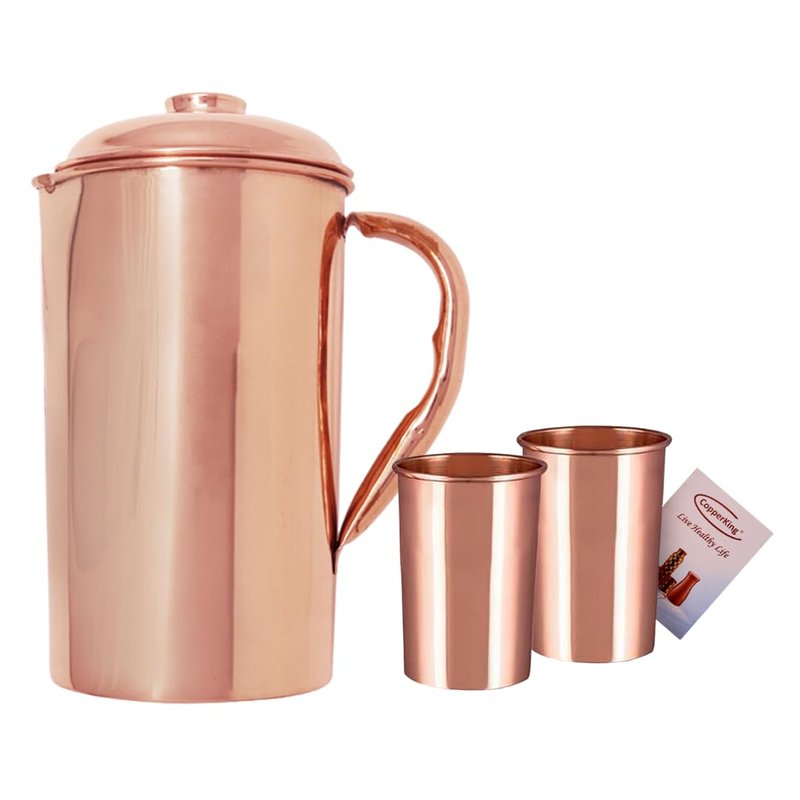 CopperKing Pure Real Copper Metal Carafe Pitcher for Drinking Water With big handle and lid, large size Jug 50oz - 1500ml With 2 Cups Tumbler Glasses Set, Best Ayurvedic Benefit Vessel (Hammered)
