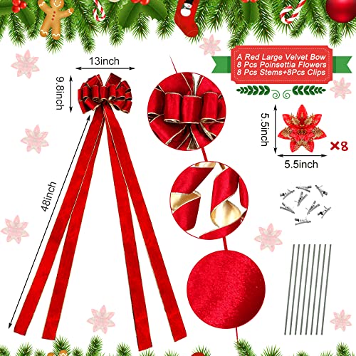 Dingion Large Christmas Tree Topper Velvet Bow Decor, Red Golden
