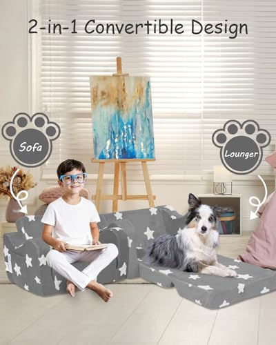 Toddler Fold-Out Couch, 2-in-1 Convertible Kids Sofa and Lounger, Gray