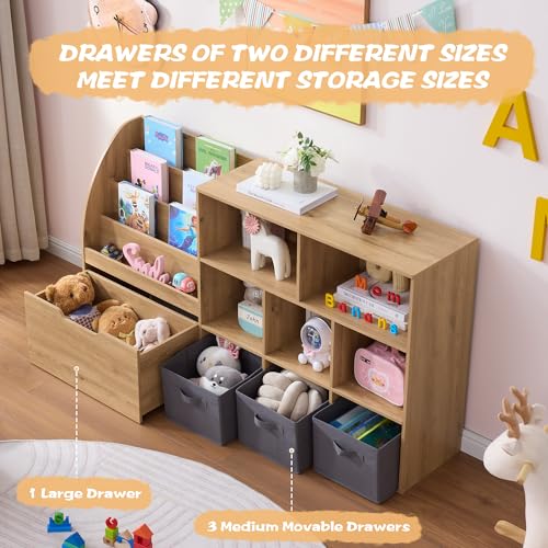 Kids Bookshelf and Toy Storage Organizer with Drawer and Bins