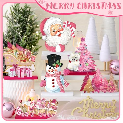 Pink Wooden Christmas Centerpieces - Set of 6 Holiday Table Decorations