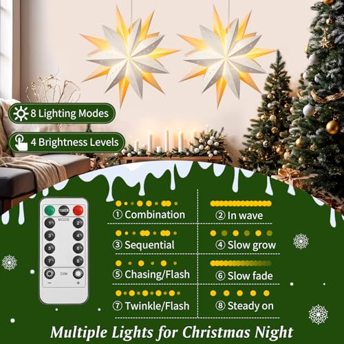 Lewondr C-White Christmas Paper Star Lantern 2PCS with Remote, 8 Lighting Modes & Dimming