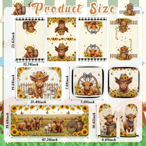 10-Piece Highland Cow Kitchen Decor Set with Sunflower Towels and Oven Mitts