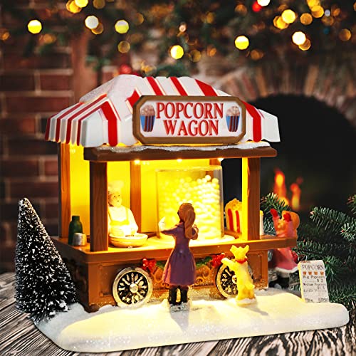 MUMTOP Christmas Village House with Animated Popcorn Wagon, Light & Music
