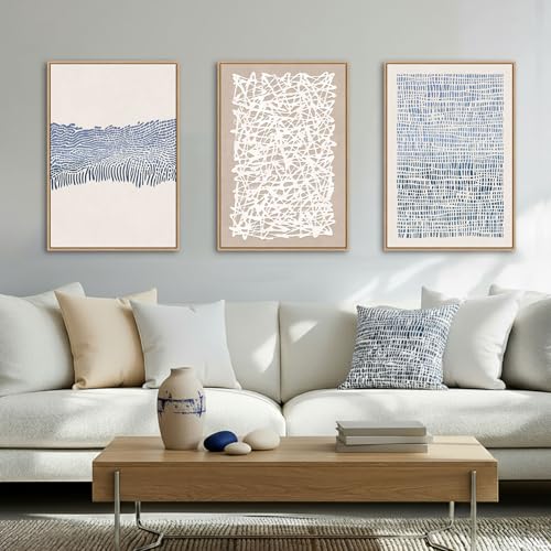 3-Panel Abstract Boho Wall Art Set - Blue & Neutral Modern Canvas Prints