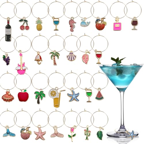 Beach Themed Wine Glass Charms Set of 30 - Drink Markers for Stem Glasses