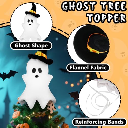 White Ghost Halloween Tree Topper with Witch Hat - 11.8-Inch Plush Decor