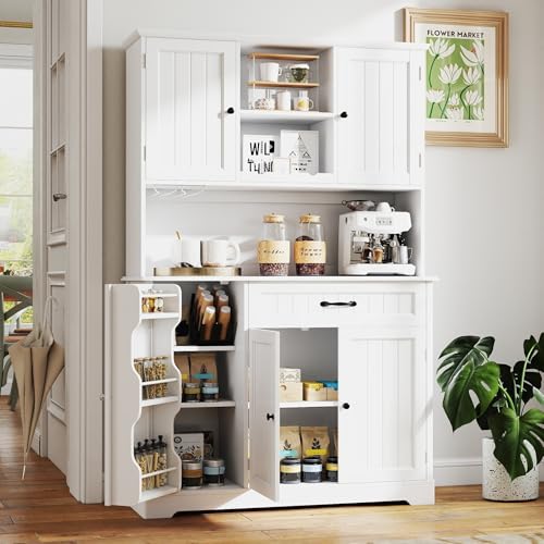 67" Tall Kitchen Pantry Cabinet with Coffee Bar Hutch & Storage - White