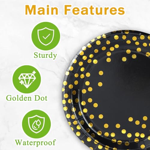 50 Pack Black and Gold Disposable Paper Plates 7 Inch for Parties