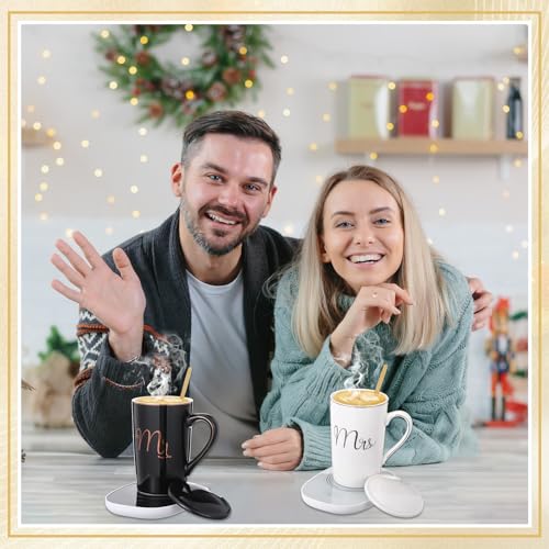 Mr & Mrs Coffee Mug Warmer Set - 14oz Ceramic Cups in Black & White (2 mugs, 2 warmers, 2 lids, 2 spoons) by Acellegic