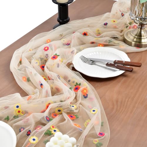 Embroidered Daisy Tulle Table Runner 10ft Floral Table Decor for Weddings