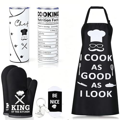 Chef Gift Set for Men - Kitchen Baking Cooking Accessories with Tumbler Apron Oven Mitts Socks & Keychain
