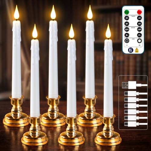 Rechargeable Flameless Taper Candles with Remote & Gold Holders - 6 Pack