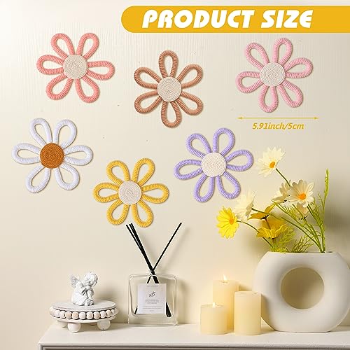 6-Piece Boho Daisy Wall Art Set - Woven Macrame Floral Nursery Decor