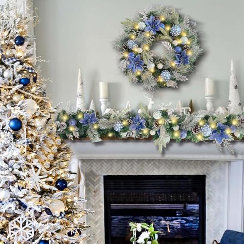 Wanna-CUL 24-Inch Pre-Lit Frozen Winter Christmas Wreath with Blue Poinsettia & Timer Lights - Silver Blue Variation