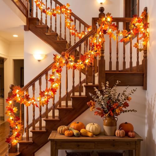 2-Pack Lighted Fall Maple Leaf Garland - 20ft 60 LED Battery String Lights