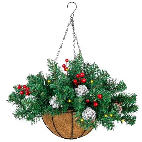 Ciaell 22inch Artificial Christmas Hanging Basket - Green Flocked Xmas Decor with Battery LEDs & Pine Cones