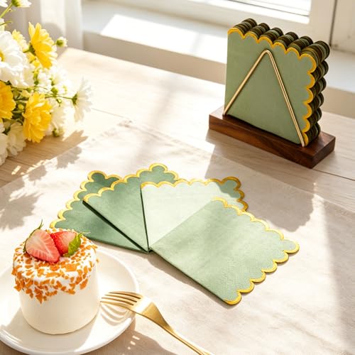 Mealivos 100 Pack Gold Green Disposable Cocktail Napkins 5x5 Inches 2-Ply Scalloped Edges for Weddings & Parties