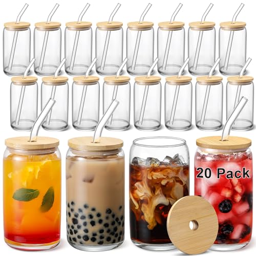 20-Piece Beer Can Glass Set with Bamboo Lids and Glass Straws - 16 oz