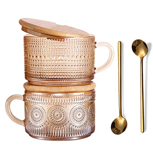 JVJRFQ Amber Vintage Glass Coffee Mugs Set of 2 with Bamboo Lids & Spoons, 14 Oz Breakfast Cups for Coffee & Yogurt