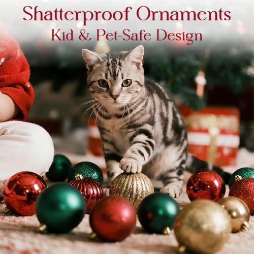 Burgundy Dark Green Gold Christmas Ornament Set - Shatterproof Holiday Decor, 50 Count