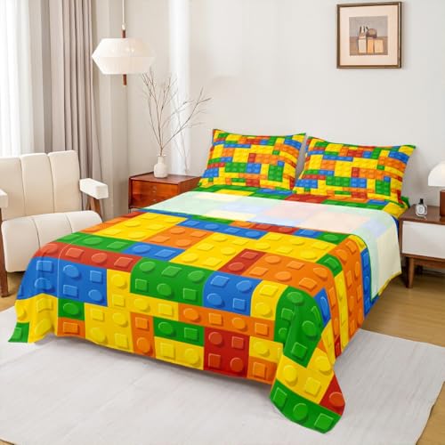 Building Blocks Twin Bed Sheet Set - 3-Piece Kids Bedding with Deep Pockets