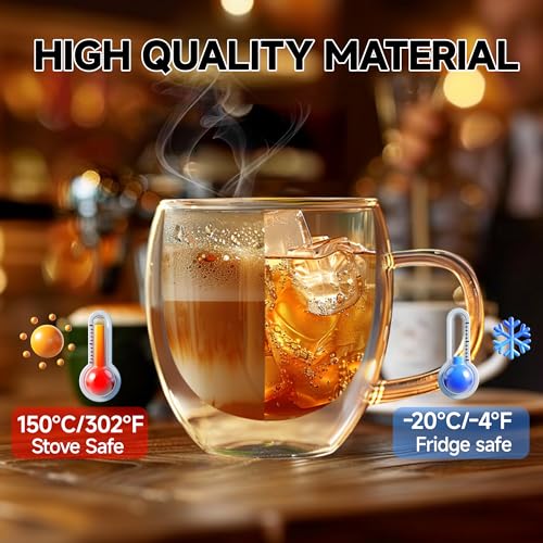 YMMIND 6oz Set of 4 Double Walled Glass Coffee Mugs with Handles - Insulated Borosilicate Espresso Cups for Hot Beverages