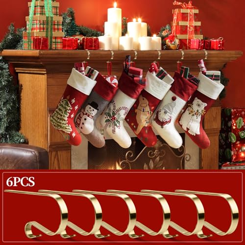 ANOEPUY 6 Pack Gold Stocking Hangers for Mantle - Adjustable, No-Drill Christmas Garland Clips