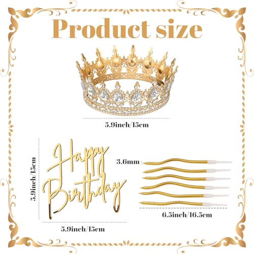 3-Piece Gold Rhinestone Crown Cake Topper Set with Candles