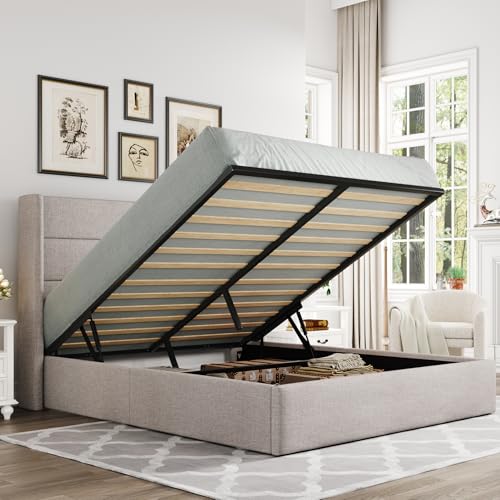 Queen Size Hydraulic Lift Up Storage Bed Frame - Light Beige Wingback
