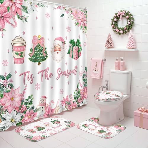 Pink Christmas Shower Curtain Set Santa Claus Holiday Bathroom Decor 72x72 inches
