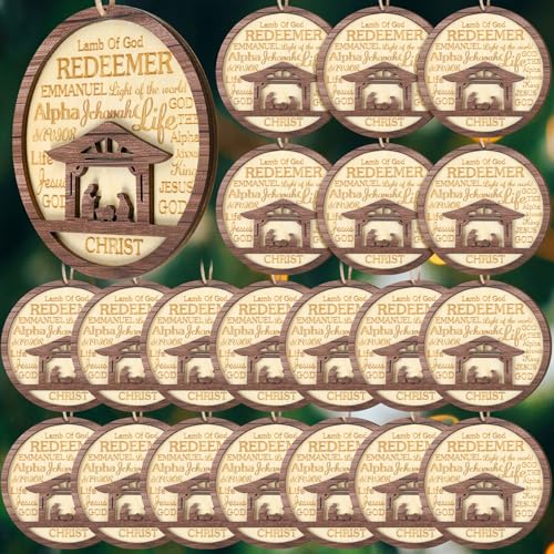 CroBlissful 24 Pack Wooden Nativity Scene Christmas Tree Ornaments 4 Inch