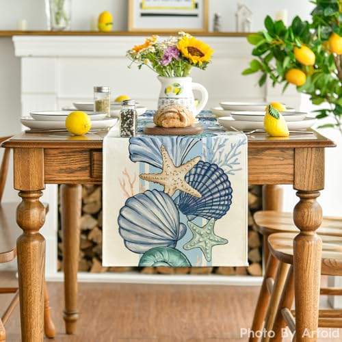 Coastal Sea Shell and Starfish Table Runner, 13x72 Inch Ocean Dining Decor