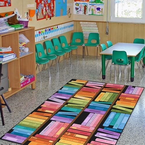 Bookshelf Themed Classroom Reading Rug 7x5 ft, Anti-Skid Library Carpet