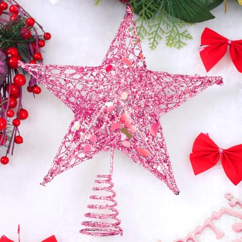 URATOT 8-Inch Pink Glittered Metal Christmas Tree Topper Star - Festive Treetop Decoration