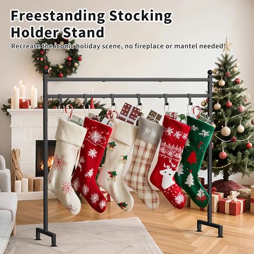 Freestanding Christmas Stocking Holder Stand with 8 Hooks, Metal Floor Rack