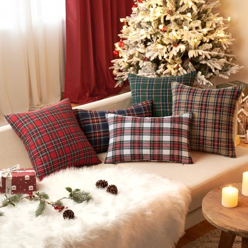 EMEMA Khaki Tartan Plaid Christmas Throw Pillow Covers 20x20 Inch Set of 2 Farmhouse Decor