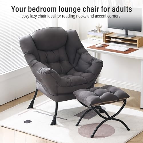Modern Lazy Accent Chair with Ottoman and Folding Footrest, Dark Grey