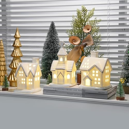 White Ceramic Light-Up Christmas Village Houses Set with Mini Trees