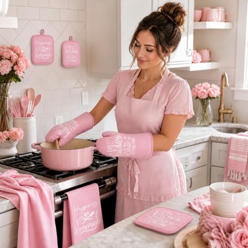 6-Piece Pink Kitchen Decor Set: Oven Mitts, Pot Holders, and Dish Towels