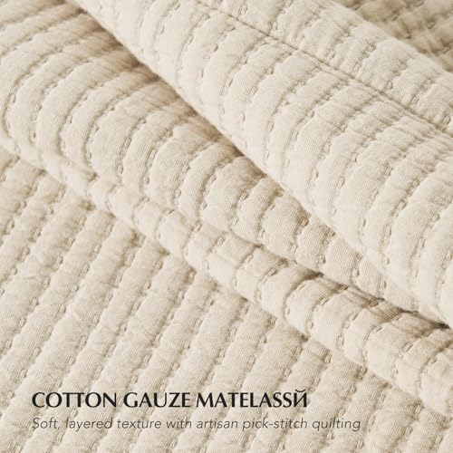 EverGrace Cotton Gauze Matelassé Coverlet Set - King Size, Soft Oat