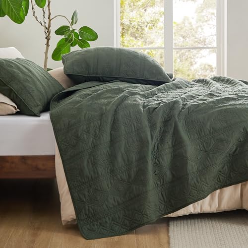 Bedsure 100% Cotton King Quilt Set - Olive Green Lightweight Coverlet