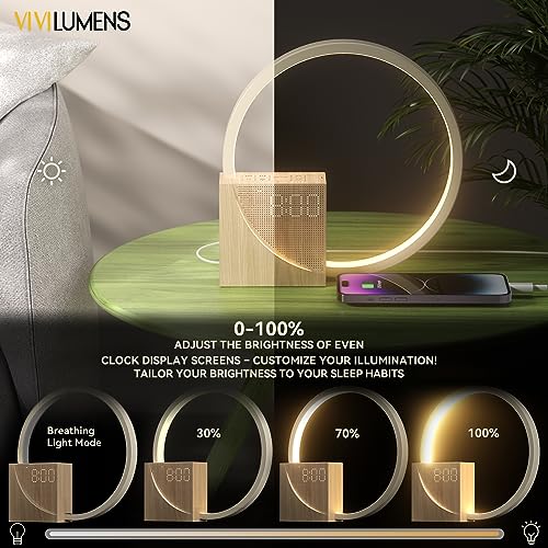 Vivilumens Sunrise Alarm Clock with Sound Machine - Wooden Grain, Dual Alarms, Gentle Wake-Up, USB Charging