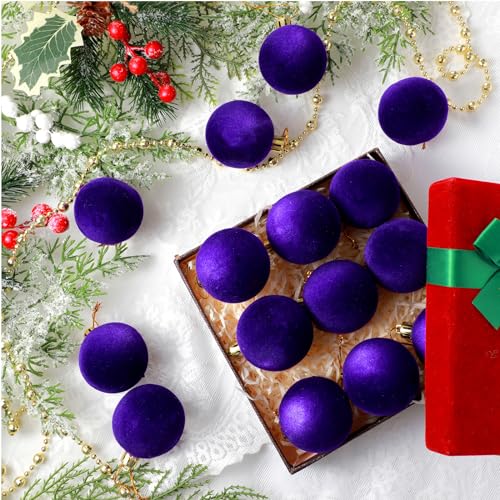 Menkxi 15 Pcs Purple Velvet Christmas Tree Ornaments Set 1.97'' Flocking Ball Decorations