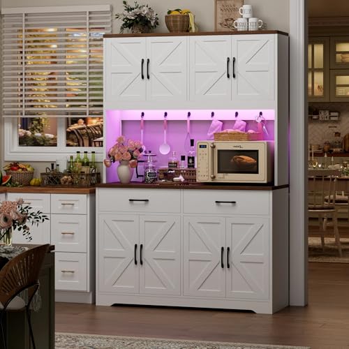 71" Tall Farmhouse Pantry Cabinet with Charging Station & LED Lights