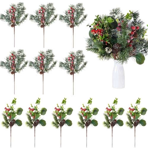 Artificial Christmas Berry Picks - 12 Inch Red Pine Cones & Holly Stems for Holiday Decor